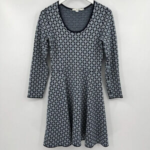 Boden Glamorous Metallic Knit Dress Blue Geometric Print Long Sleeve Size 4R